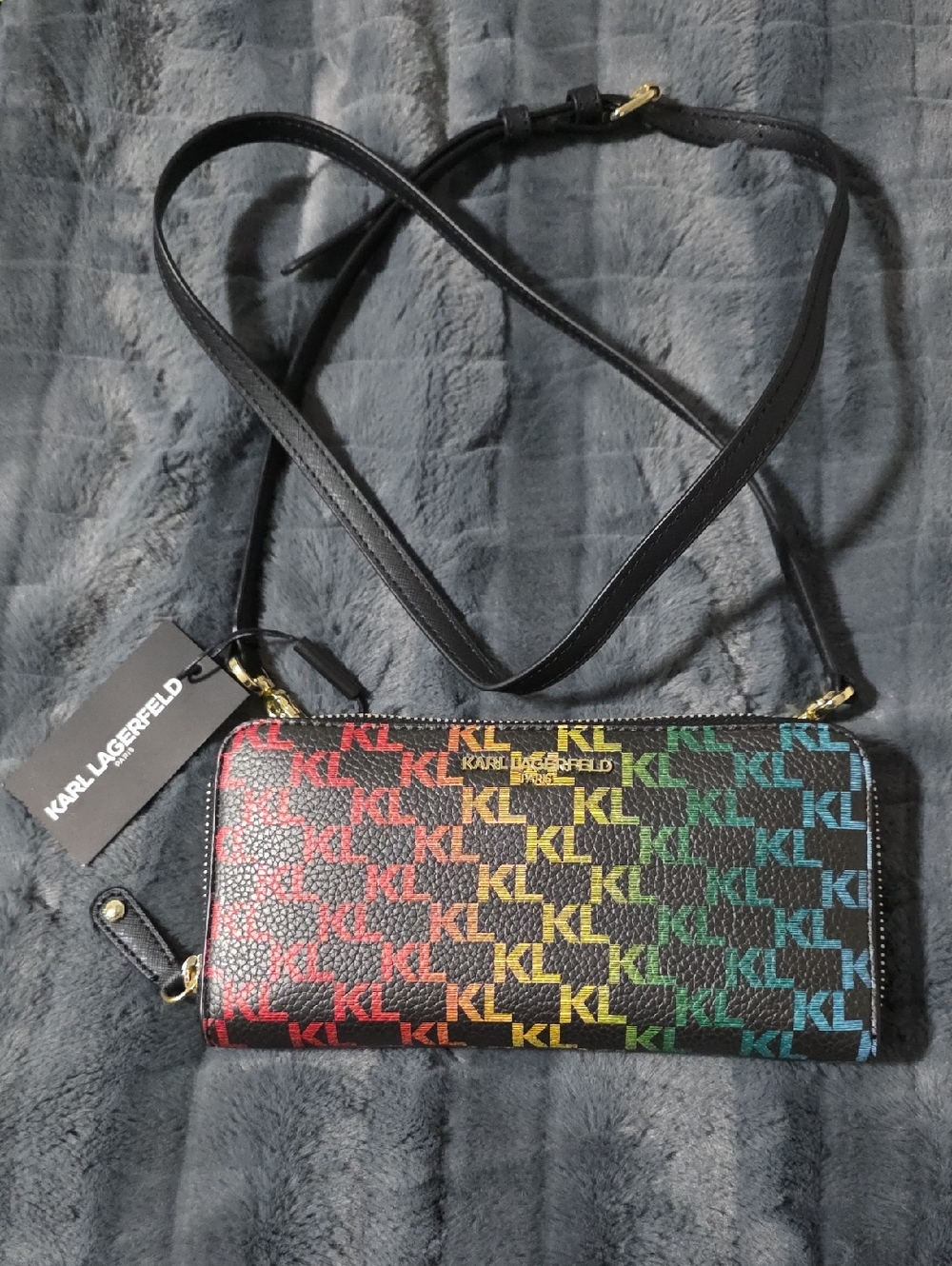 Karl Lagerfeld Black Crossbody Wallet with Rainbow KL Logo